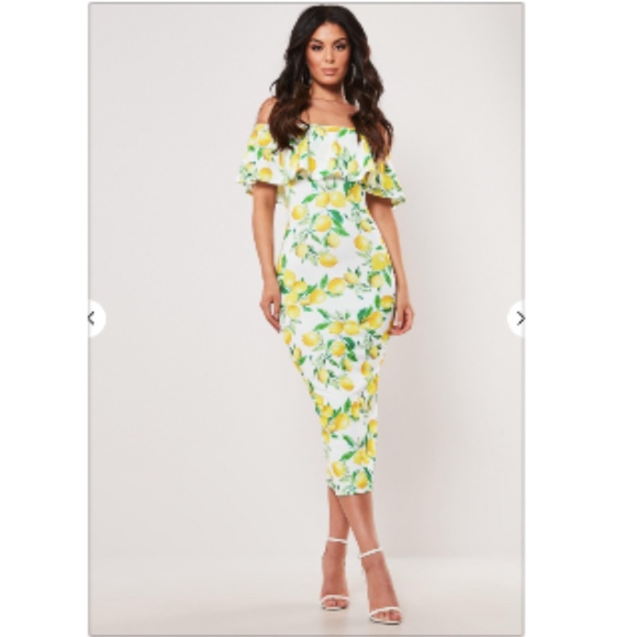 Host Pic🎉Yellow lemon print bardot dress Small/Me - Picture 3 of 8